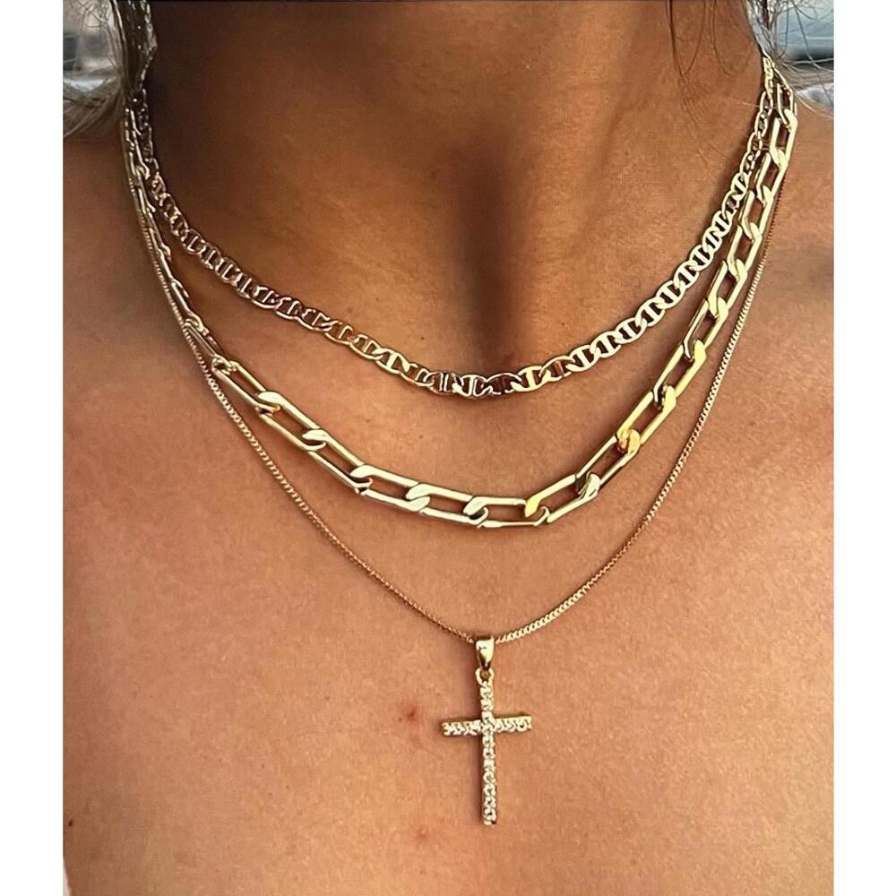 Layered Necklaces, Cross CZ, Paperclip And Flat Mariner Chains